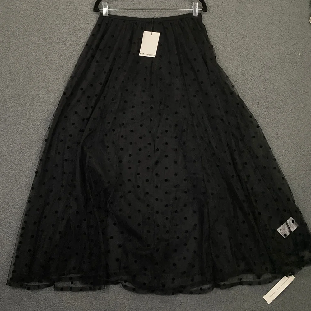 Reformation Gemma Skirt Women 6 Black Polka Dot Sheer Maxi NWT Flocked Mesh